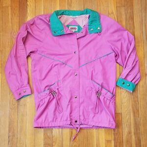New York girl vintage 80s 90s ski jacket pink purple teal turquoise stripes sz m